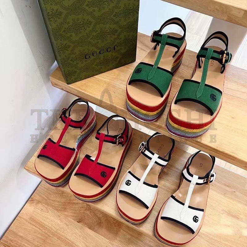 Gvc*1 Women G2 Platform Sandals White Cotton Double G Embroidery 7 Cm Heel Master Quality