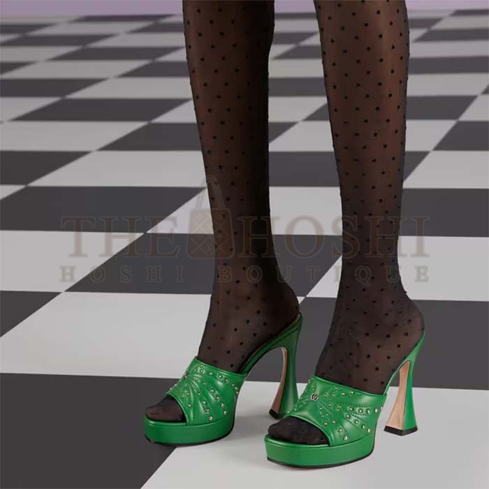 Gvc*1 Women Heeled Slide Sandals Green Leather Studs Spool High 15 Cm Heel Master Quality