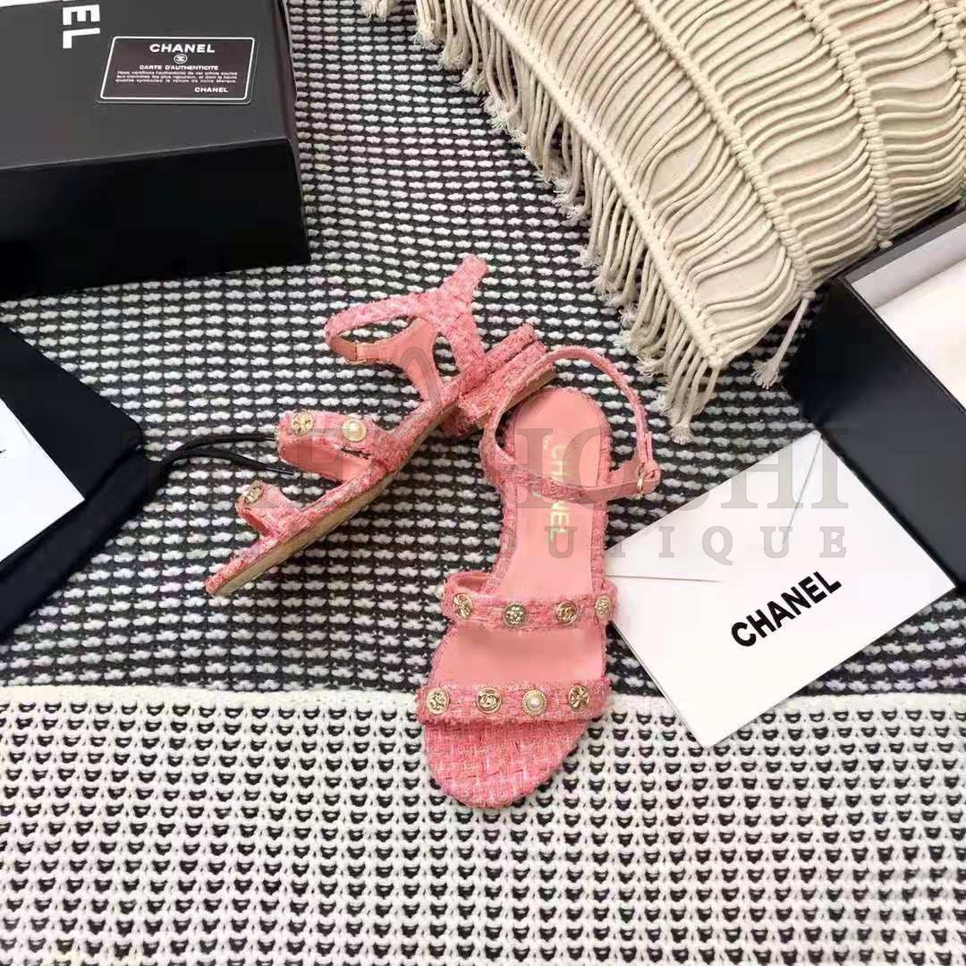 Ch**el Women Sandals Cotton Tweed & Jewelry Coral & Pink 2.5 cm Heel Master Quality