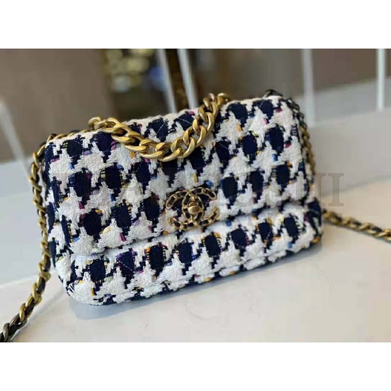 Ch**el Women 19 Flap Bag Tweed Gold Silver-Tone Ruthenium-Finish Metal Ecru Navy Blue Multicolor Master Quality