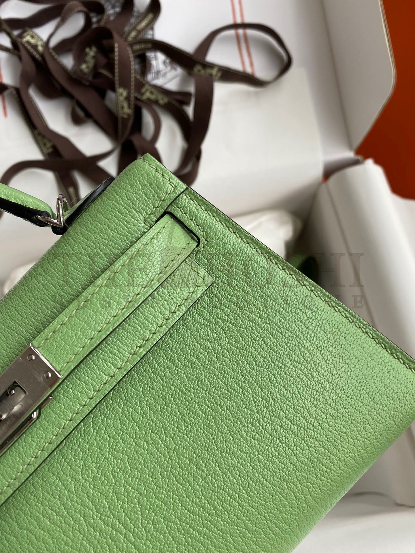 H**me5 Kelly Mini II Sellier Handmade Bag In Vert Criquet Chevre Mysore Leather Master Quality