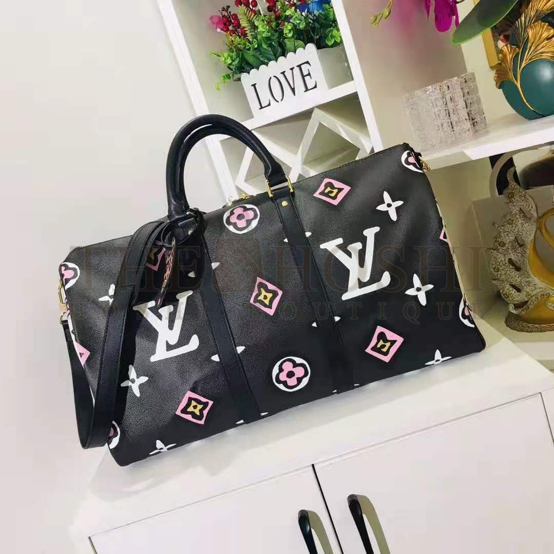 L0vis Vvtt0n LV Women Keepall Bandoulière 45 Bag Black Cabin Size Monogram Coated Canvas Master Quality