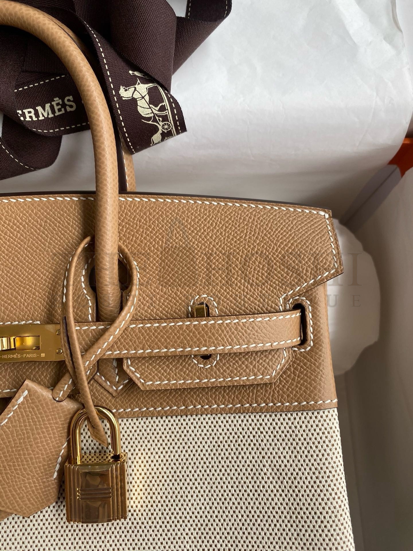 H**me5 Birkin 25 Handmade Bag In Toile & Chai Epsom Leather Master Quality