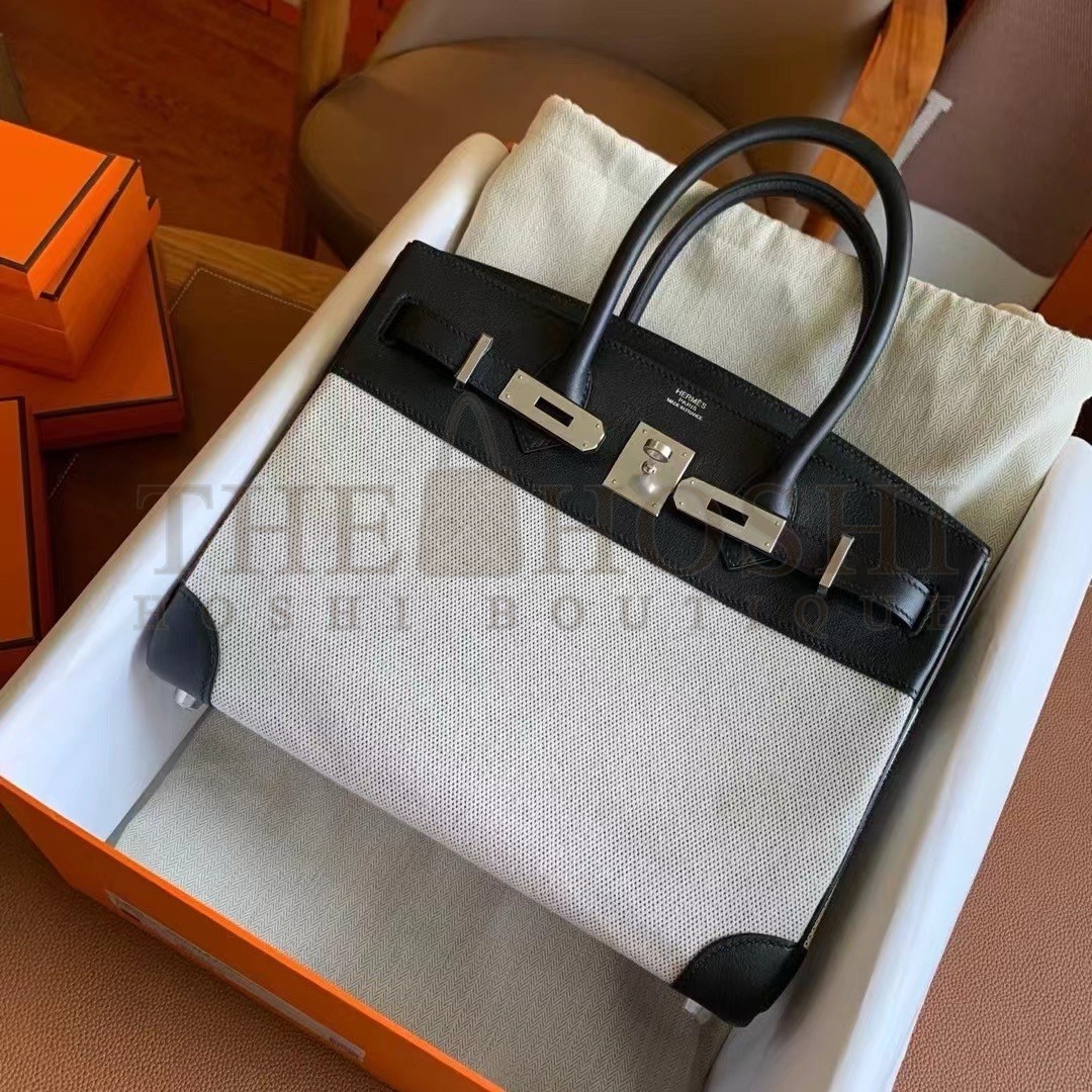 H**me5 Birkin 30 Handmade Bag In Toile & Black Swift Leather Master Quality