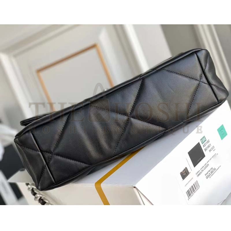 Ch**el Women 19 Large Handbag Lambskin Gold Silver-Tone Ruthenium-Finish Metal Black Master Quality