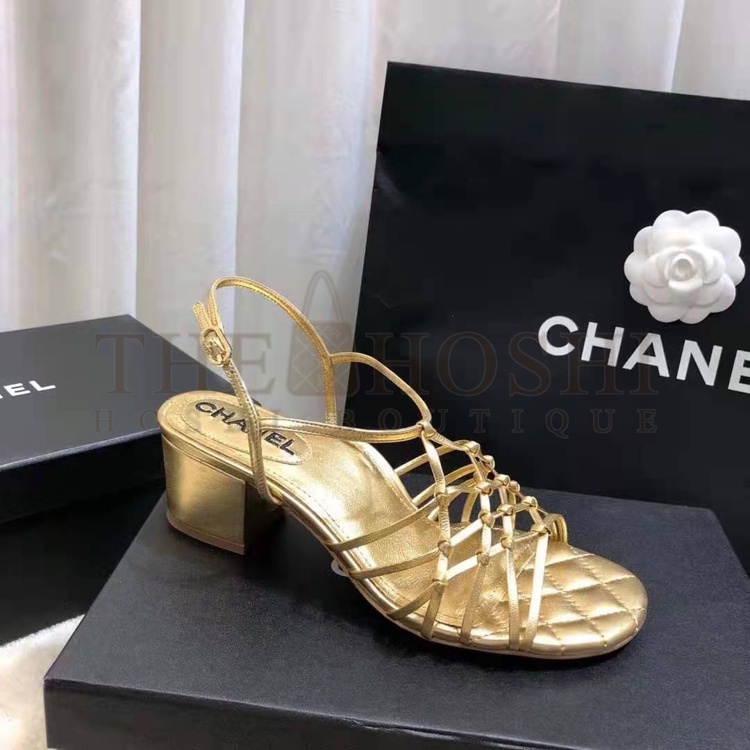 Ch**el Women Sandals Laminated Lambskin Gold 5 cm Heel Master Quality