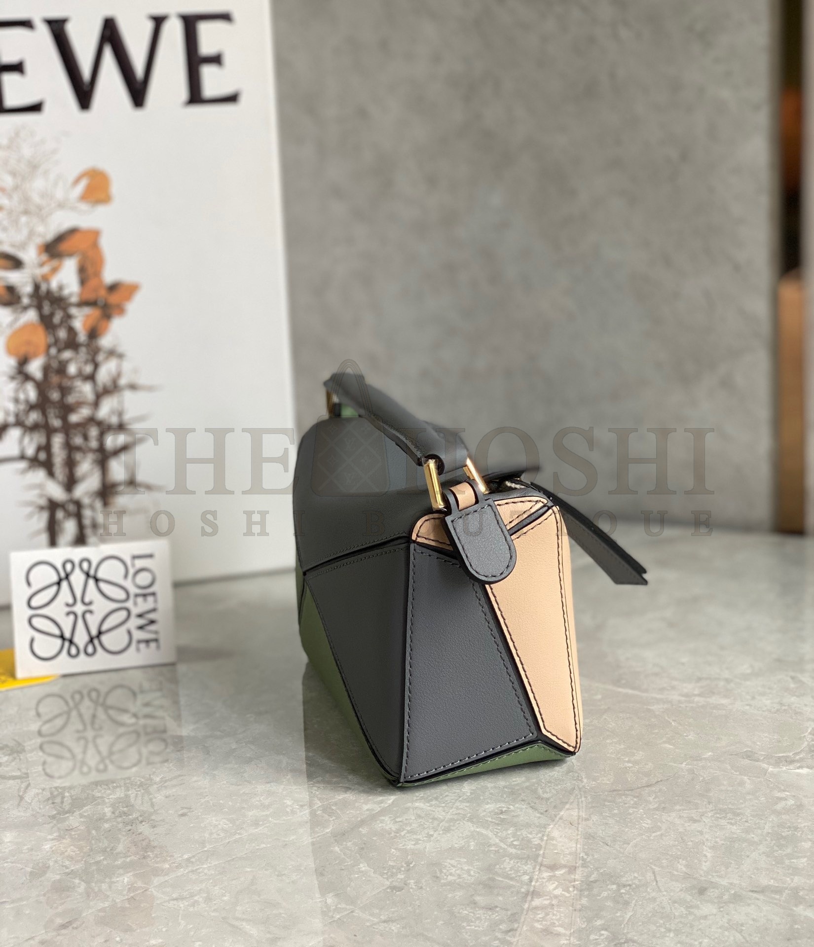 L0ew* Puzzle Mini Bag In Asphalt Grey/Nude/Green Calfskin Master Quality