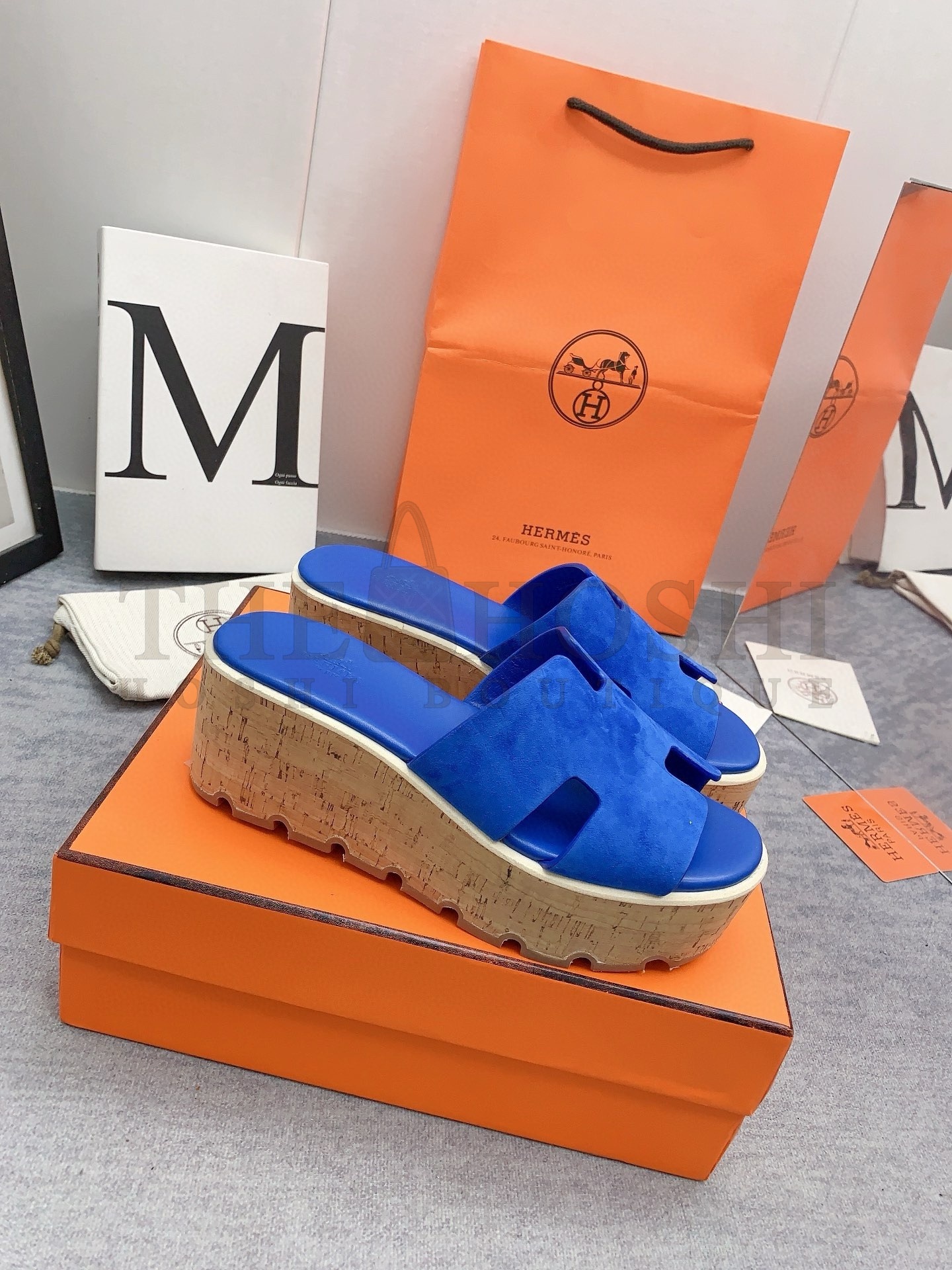 H**me5 Eze 30 Cork Platform Sandals in Blue Suede Leather Master Quality