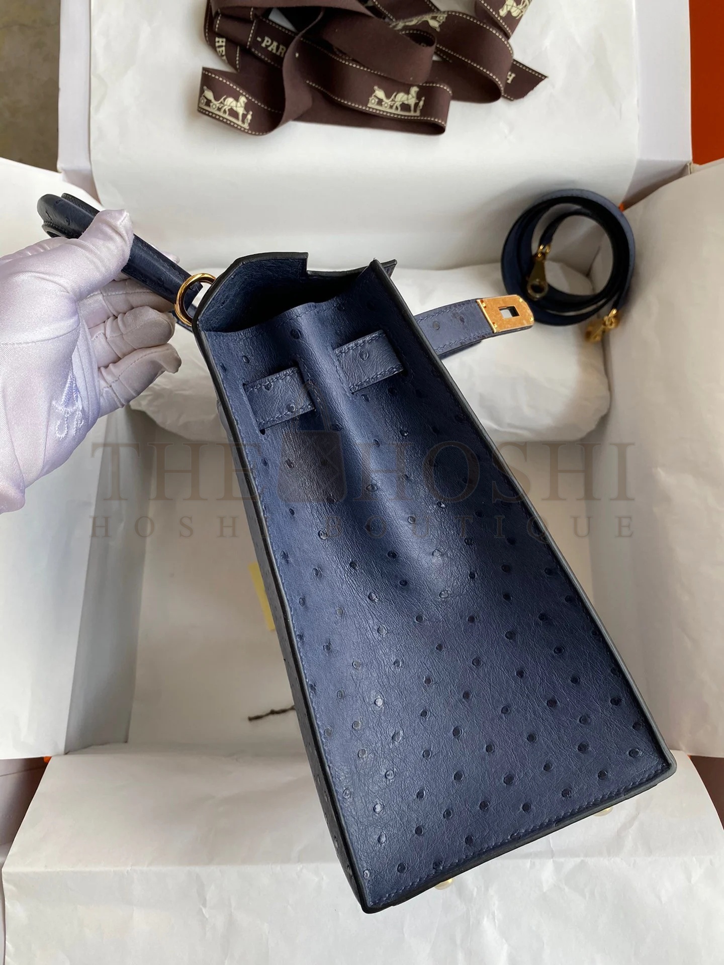 H**me5 Kelly Sellier 28 Handmade Bag In Blue Iris Ostrich Leather Master Quality