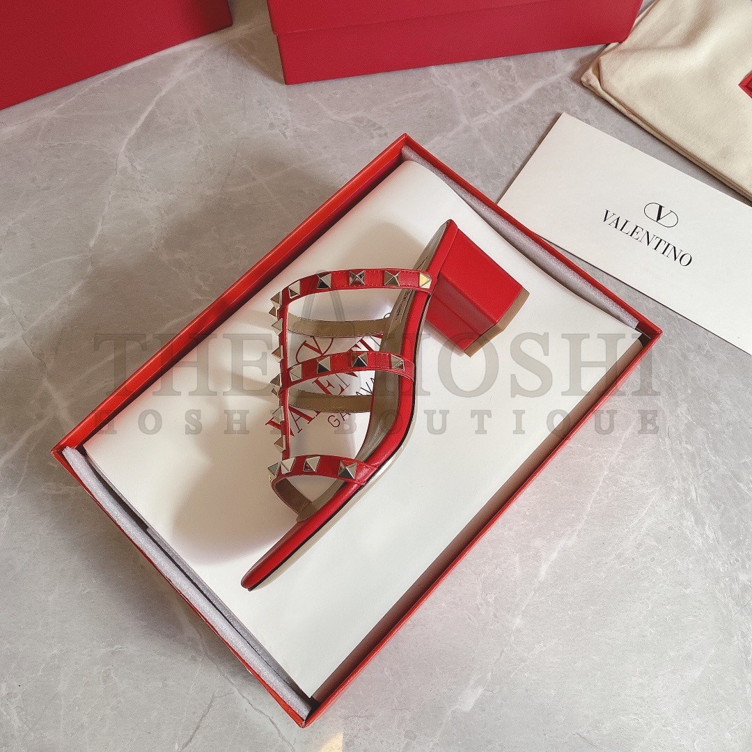 Va1e*ntin0 Rockstud Slide Sandals 60mm In Red Calfskin Master Quality
