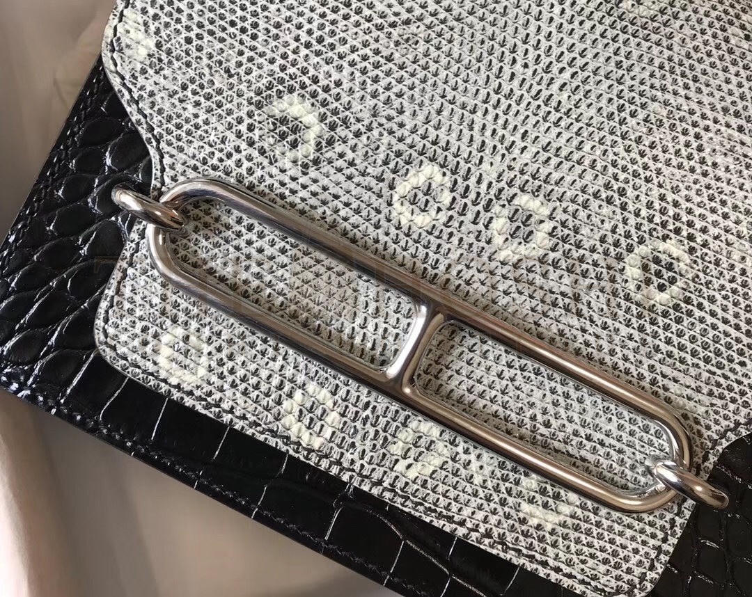 H**me5 Roulis Mini Bag In Black Crocodile With Natural Lizard Master Quality