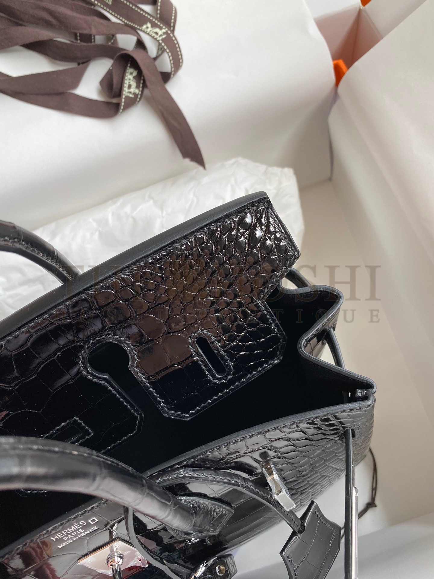 H**me5 Birkin 25 Retourne Handmade Bag In Black Shiny Alligator Leather Master Quality