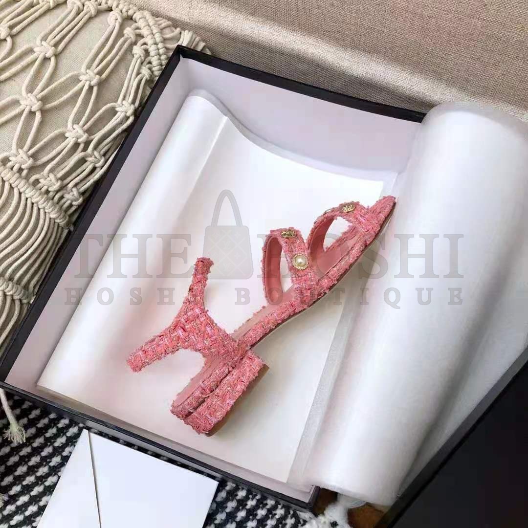 Ch**el Women Sandals Cotton Tweed & Jewelry Coral & Pink 2.5 cm Heel Master Quality