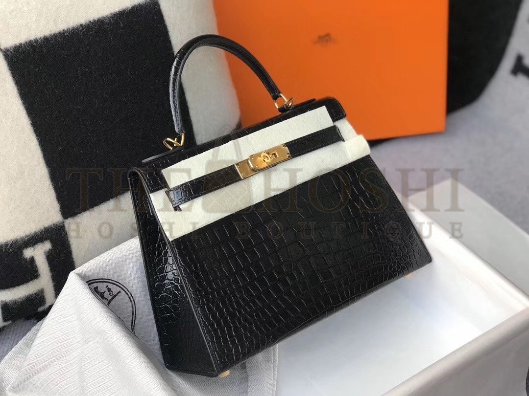 H**me5 Kelly 25cm Bag In Black Embossed Crocodile Master Quality