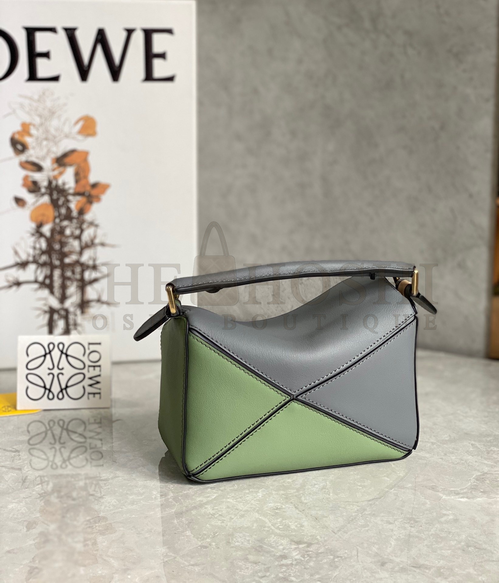L0ew* Puzzle Mini Bag In Asphalt Grey/Nude/Green Calfskin Master Quality
