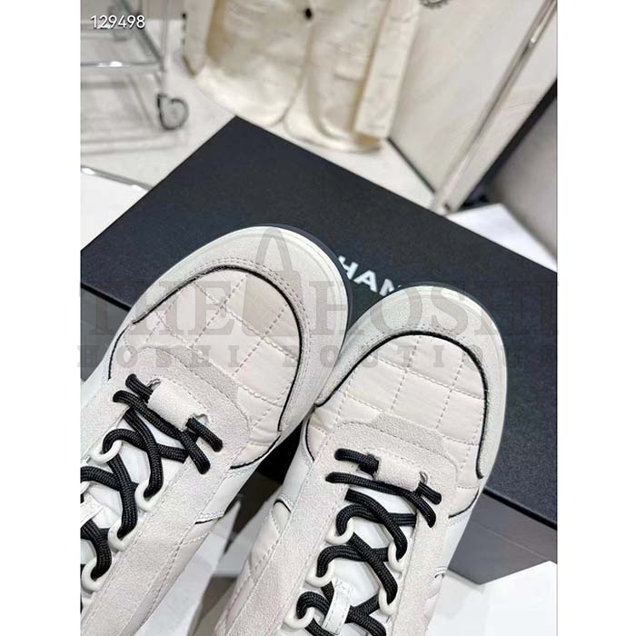 Ch**el Women CC Sneakers Fabric Suede Calfskin Calfskin White Light Gray Master Quality