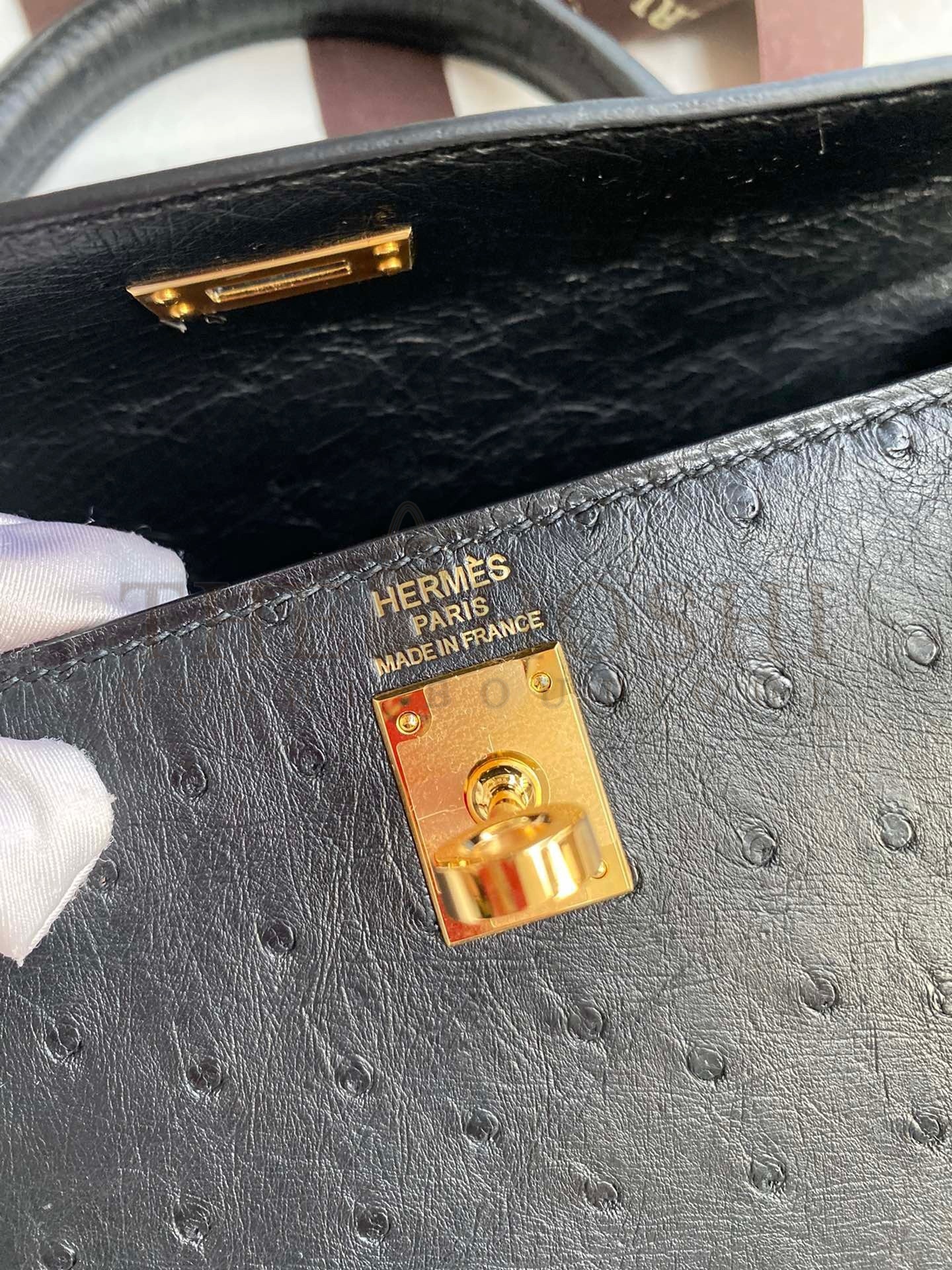 H**me5 Kelly Sellier 25 Handmade Bag In Black Ostrich Leather Master Quality