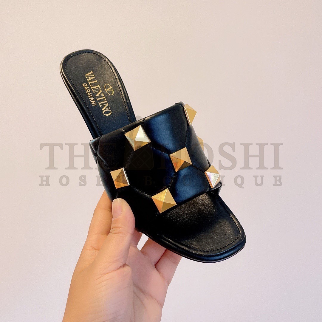 Va1e*ntin0 Roman Stud Slide Sandals 65mm In Black Leather Master Quality