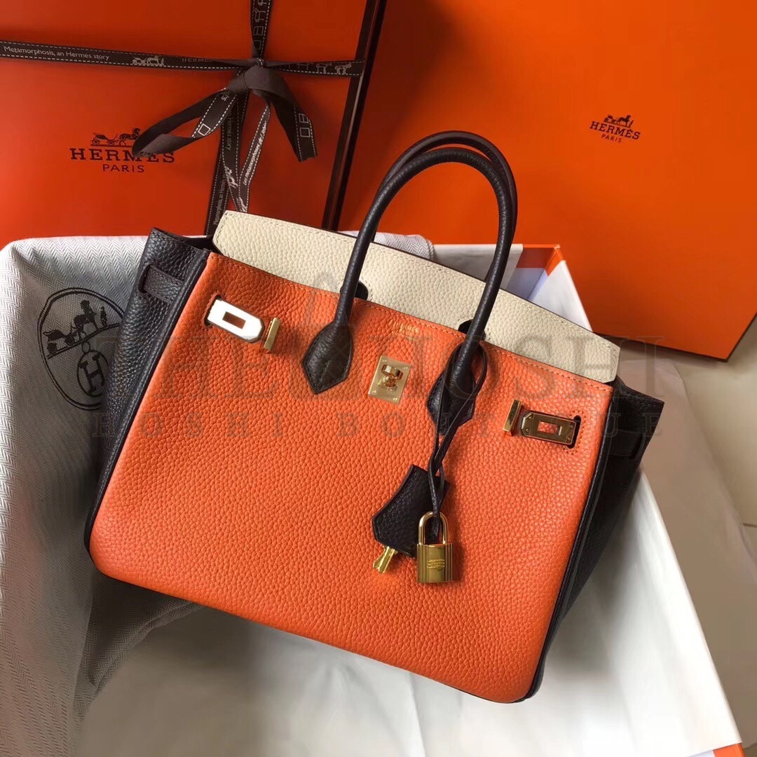 H**me5 Tri-Color Birkin 25cm Bag In Orange/White/Black Clemence Leather Master Quality