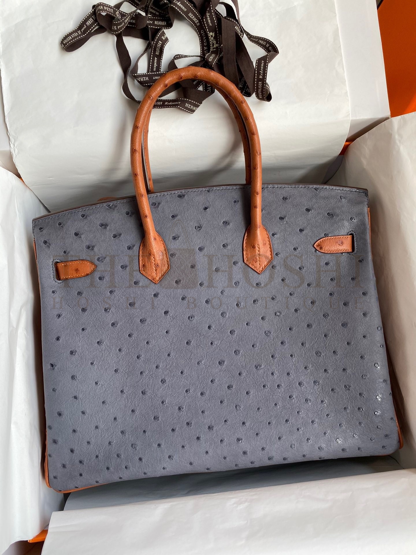 H**me5 HSS Birkin 35 Bicolor Bag in Gris Agate and Gold Ostrich Leather Master Quality