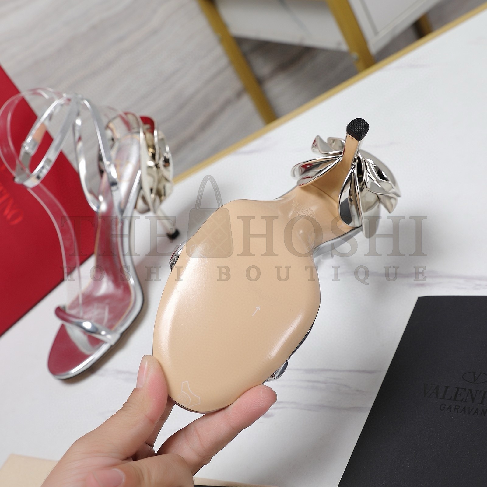 Va1e*ntin0 Roserouche Sandals 1990 100mm in Silver Calfskin Master Quality