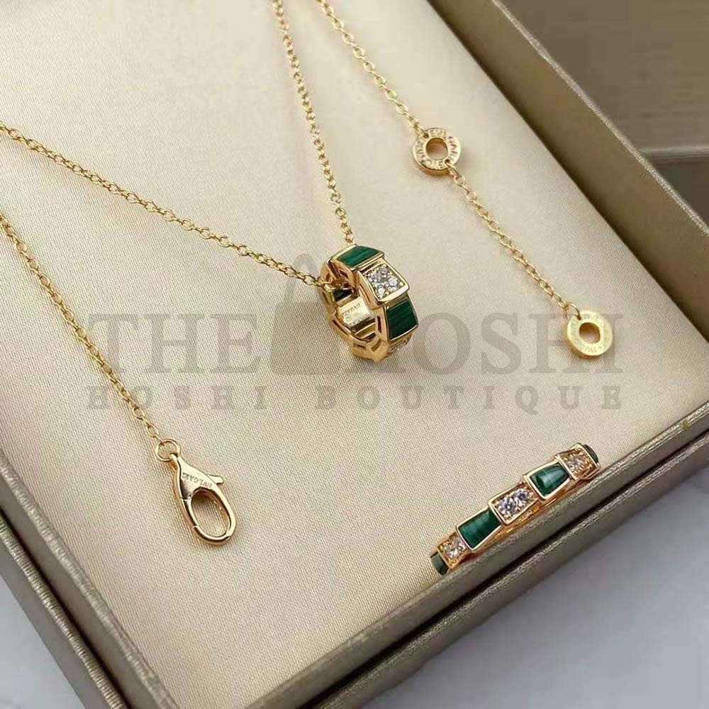 Bv1g*ai Women Serpenti Viper 18 KT Rose Gold Necklace Set with Malachite Elements Master Quality