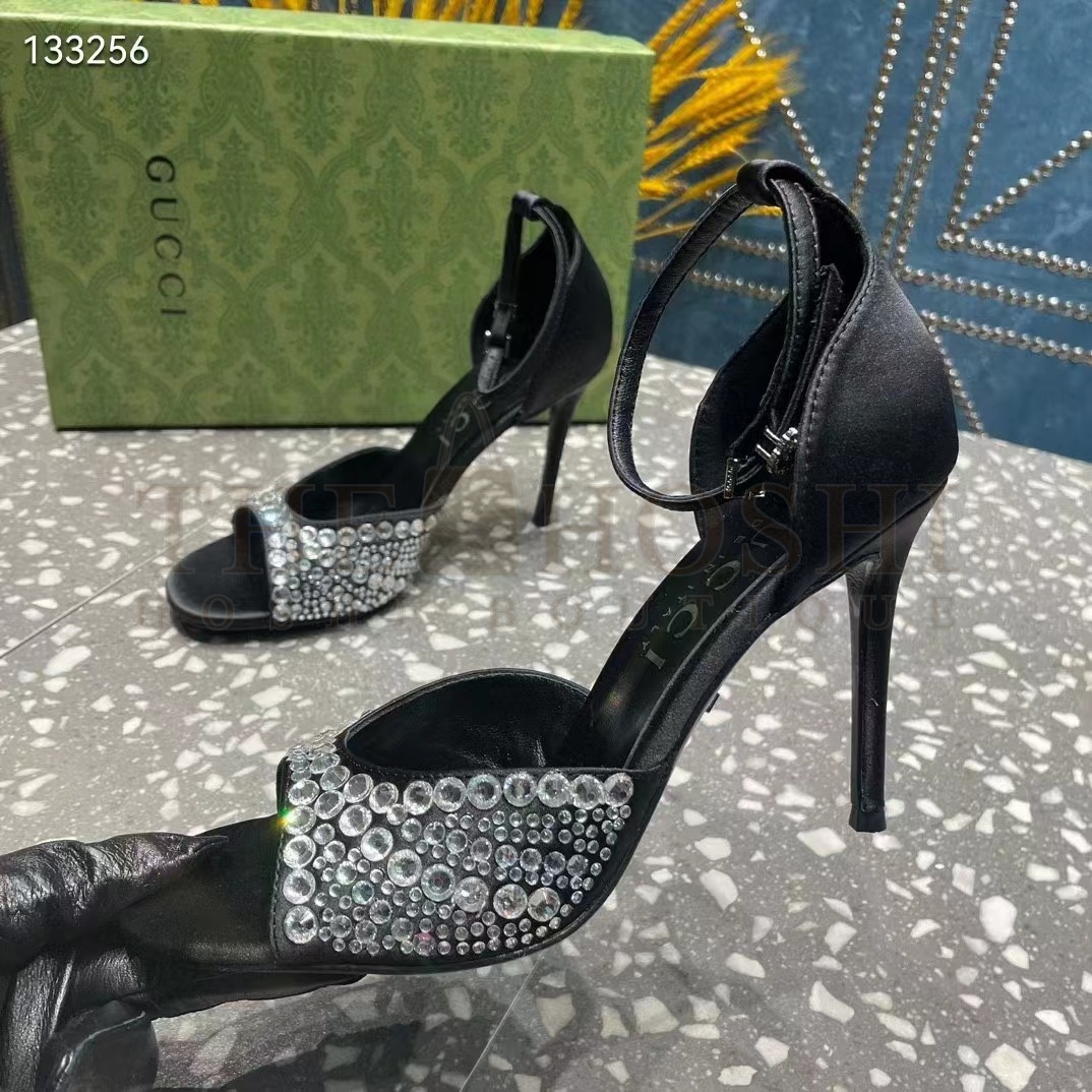 Gvc*1 Women G2 Mid-Heel Sandals Crystals Black Satin 11 CM Heel Double G Master Quality