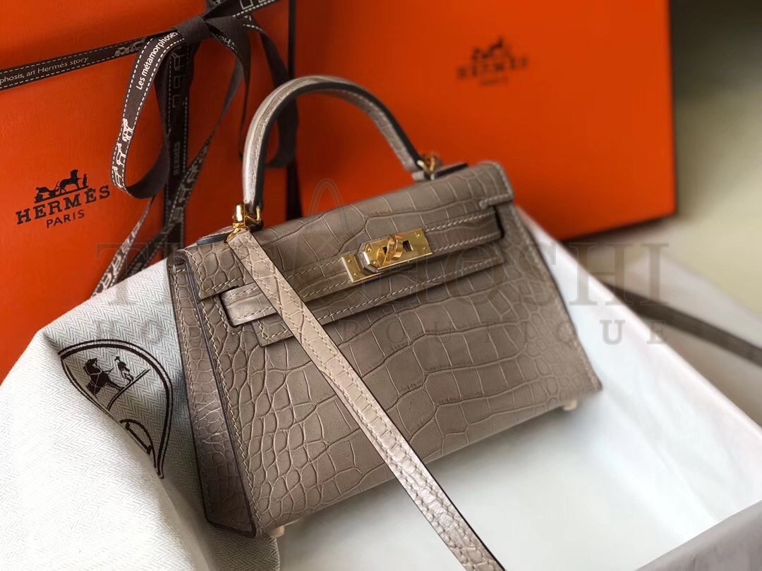 H**me5 Kelly Mini II Bag In Grey Crocodile Embossed Leather Master Quality