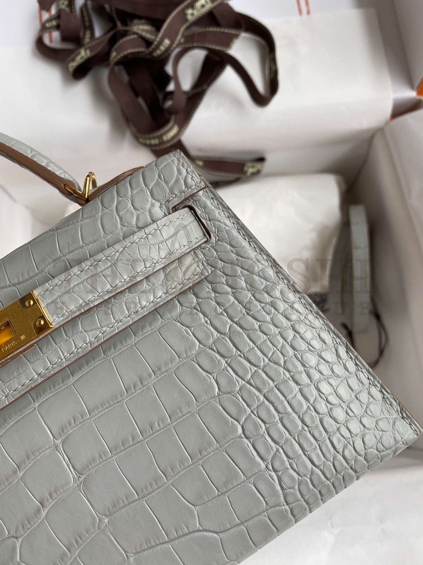 H**me5 Kelly Mini II Sellier Handmade Bag In Pearl Grey Matte Alligator Leather Master Quality