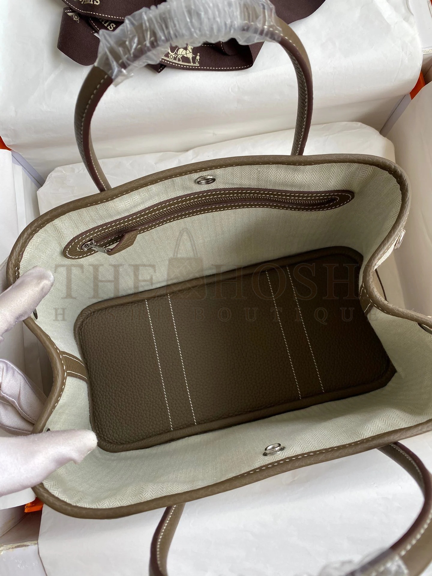 H**me5 Garden Party 30 Handmade Bag in Toile and Taupe Leather Master Quality