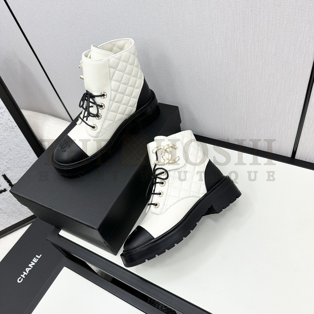 Ch**el  Shiny Lambskin Quilted Lace Up Combat Boots Master Quality