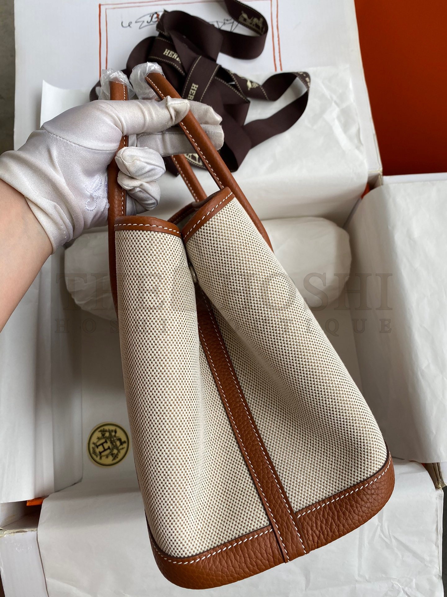 H**me5 Garden Party 30 Handmade Bag in Toile and Gold Leather Master Quality