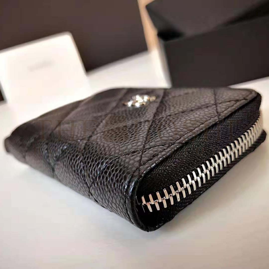 Ch**el Women Classic Zipped Coin Purse in Grained Calfskin & Silver-Tone Metal-Black Master Quality