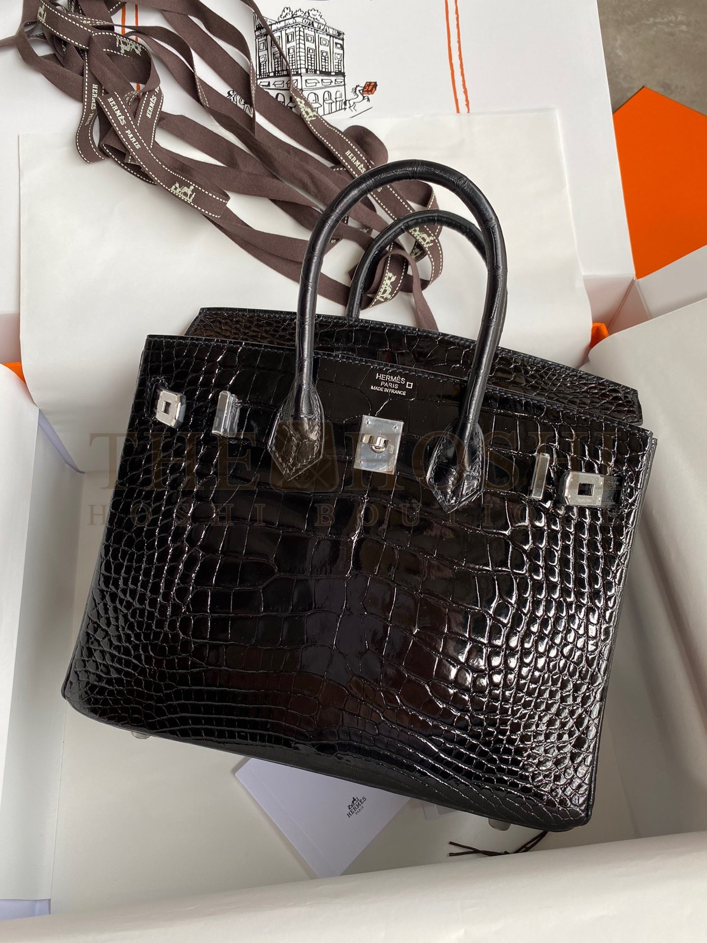 H**me5 Birkin 25 Retourne Handmade Bag In Black Shiny Alligator Leather Master Quality
