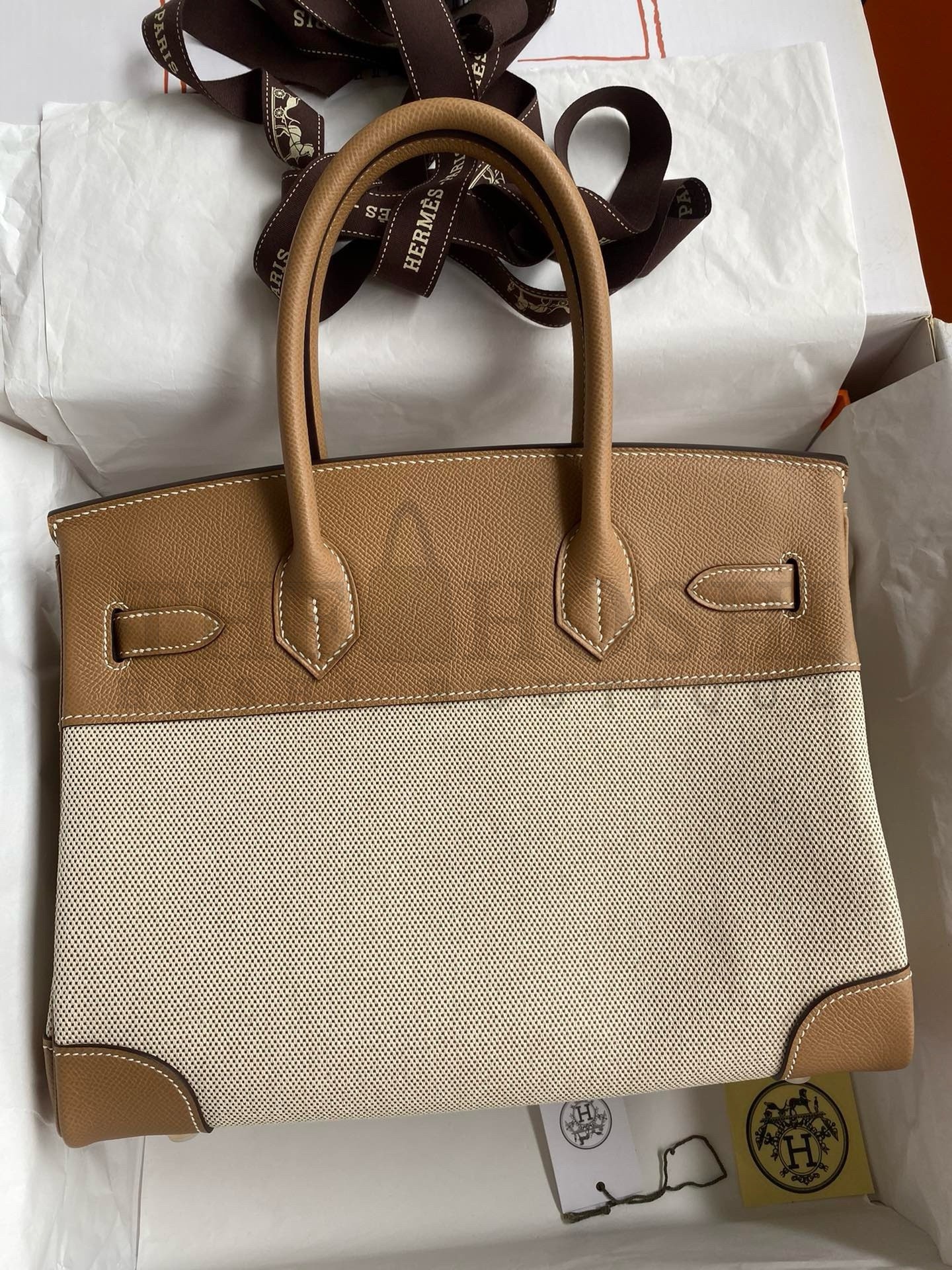 H**me5 Birkin 30 Handmade Bag In Toile & Chai Epsom Leather Master Quality