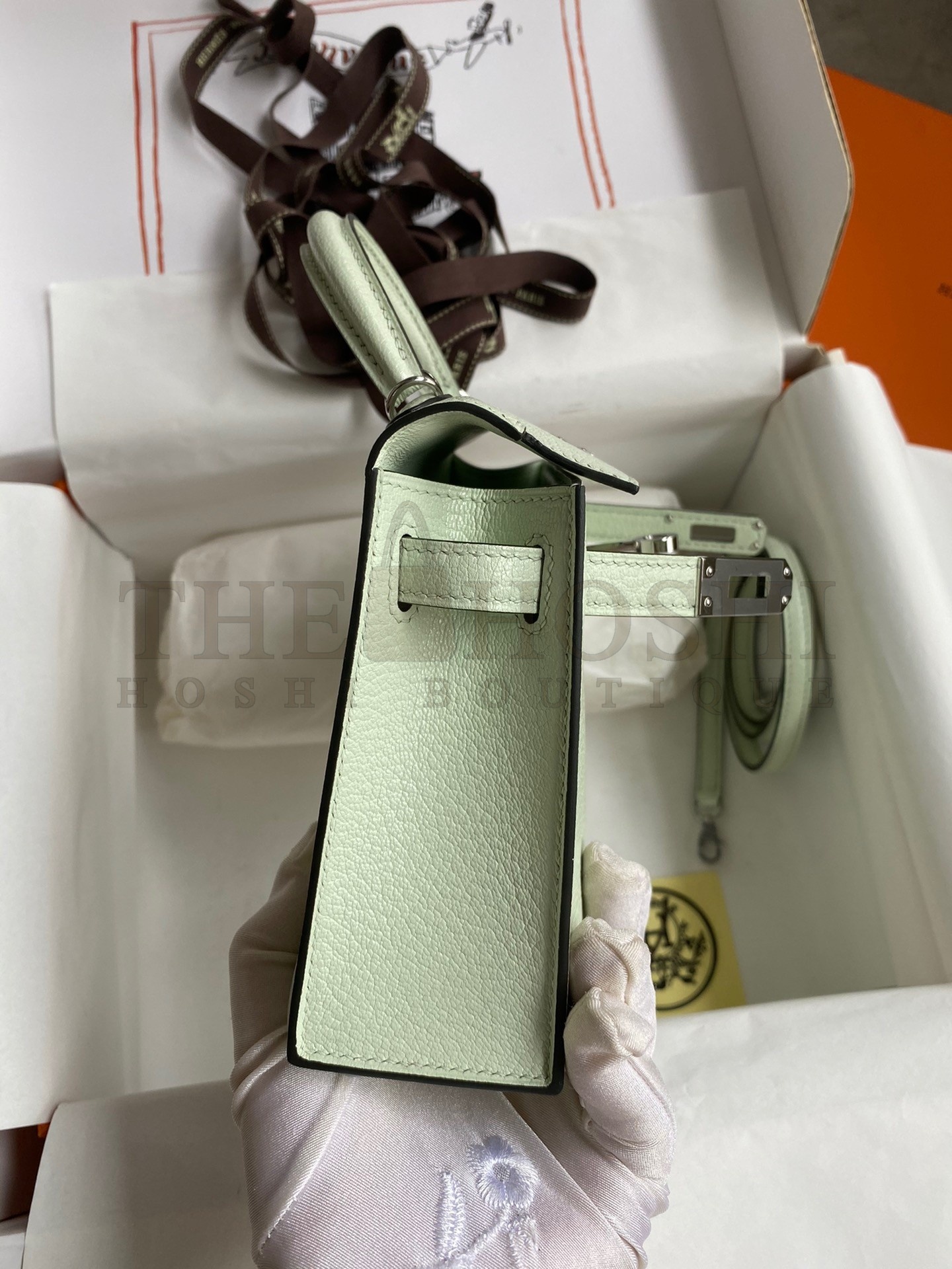 H**me5 Kelly Mini II Sellier Handmade Bag In Vert Fizz Chevre Mysore Leather Master Quality