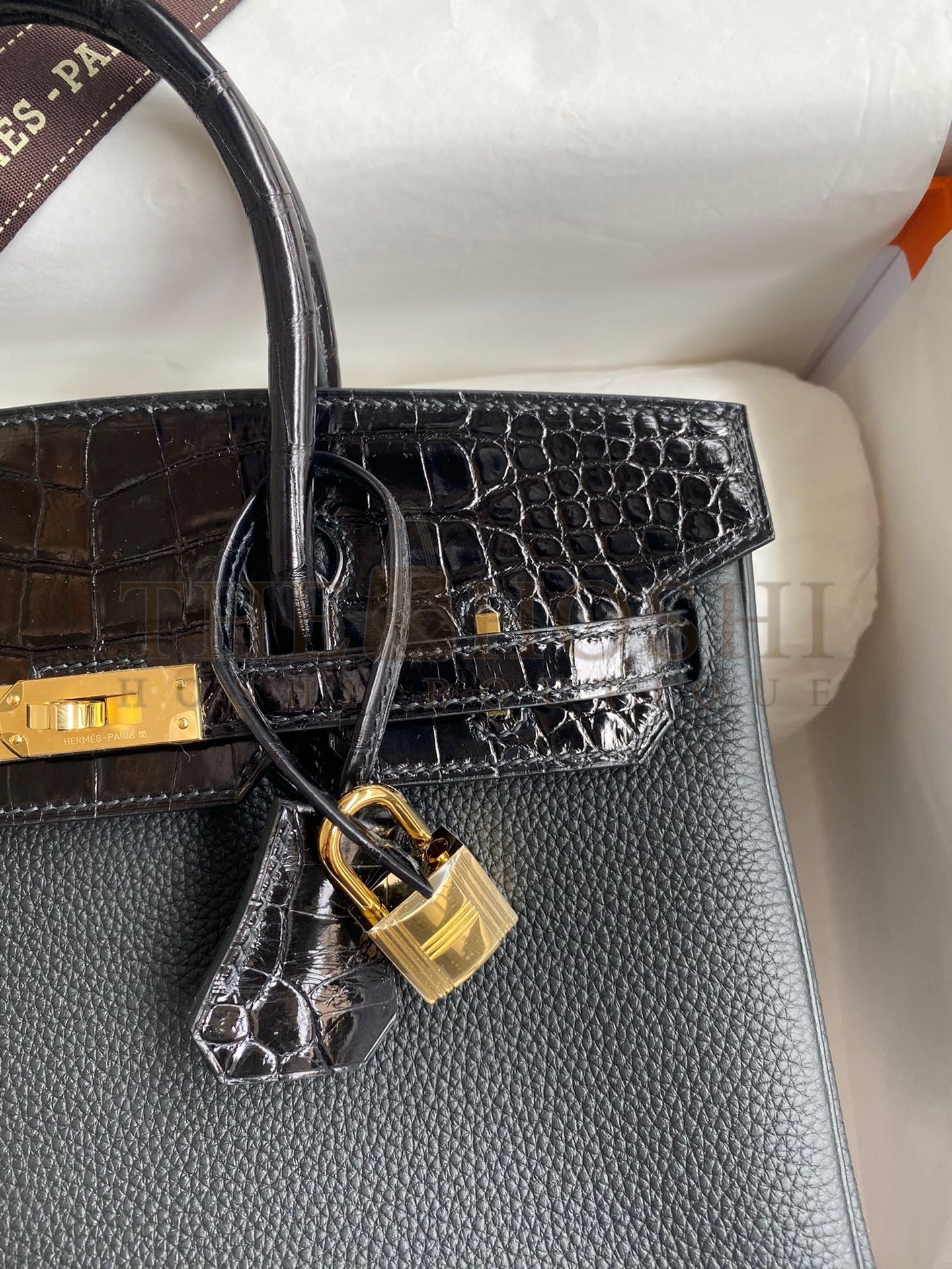 H**me5 Touch Birkin 25 Bag in Black Togo and Shiny Alligator Leather Master Quality