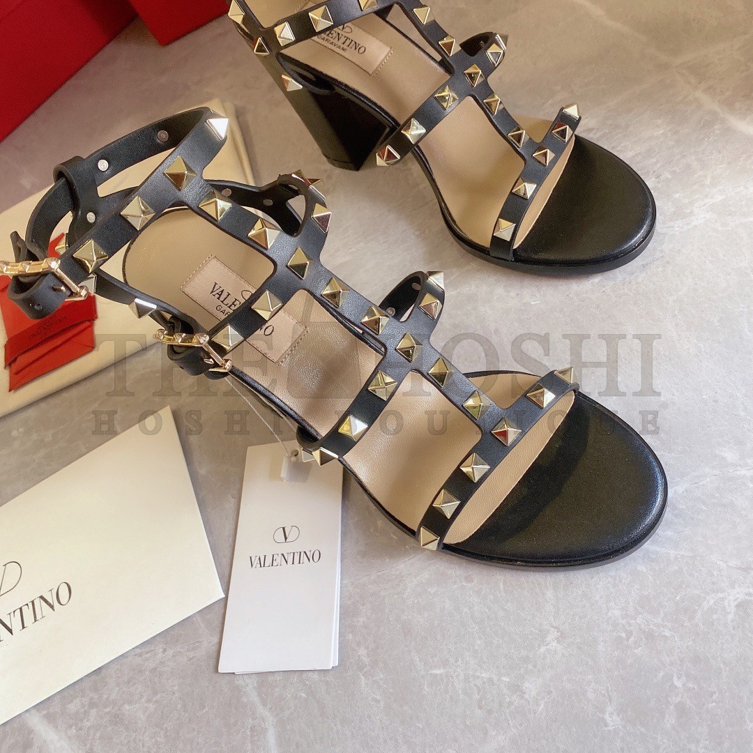 Va1e*ntin0 Rockstud Ankle Strap Sandals 90mm In Black Calfskin Master Quality