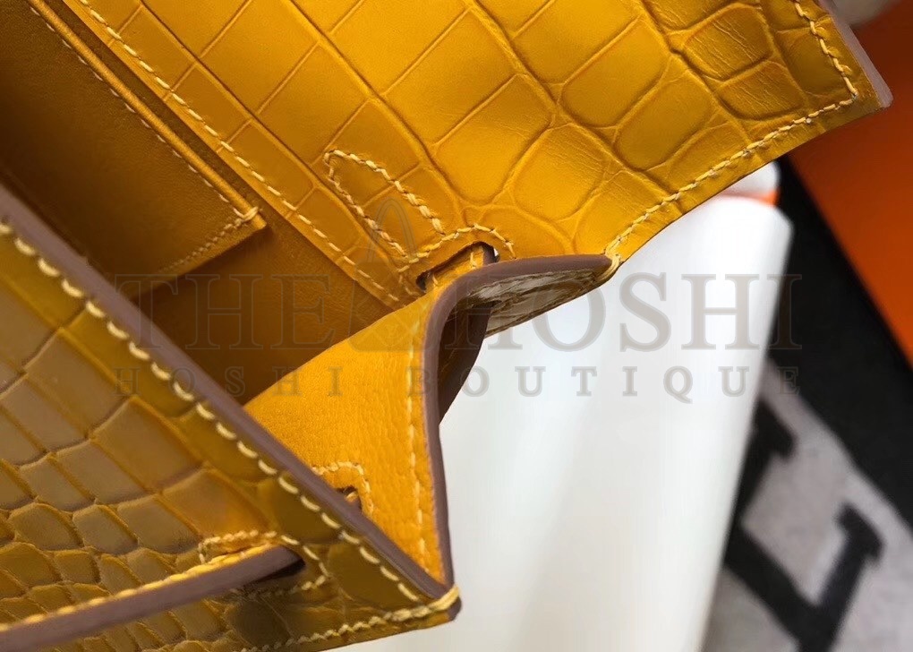 H**me5 Kelly Pochette Bag In Yellow Embossed Crocodile Leather Master Quality