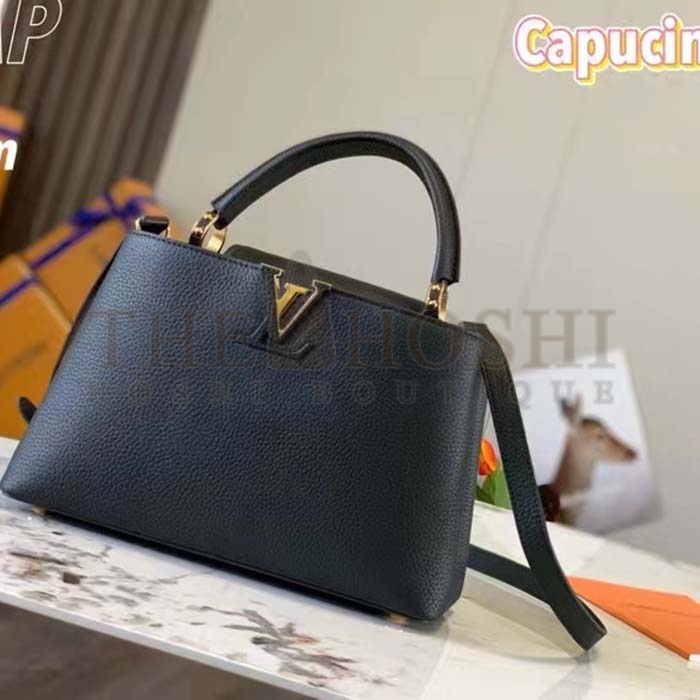 L0vis Vvtt0n LV Women Capucines BB Handbag Black Taurillon Cowhide Leather Gold-Color Hardware Master Quality