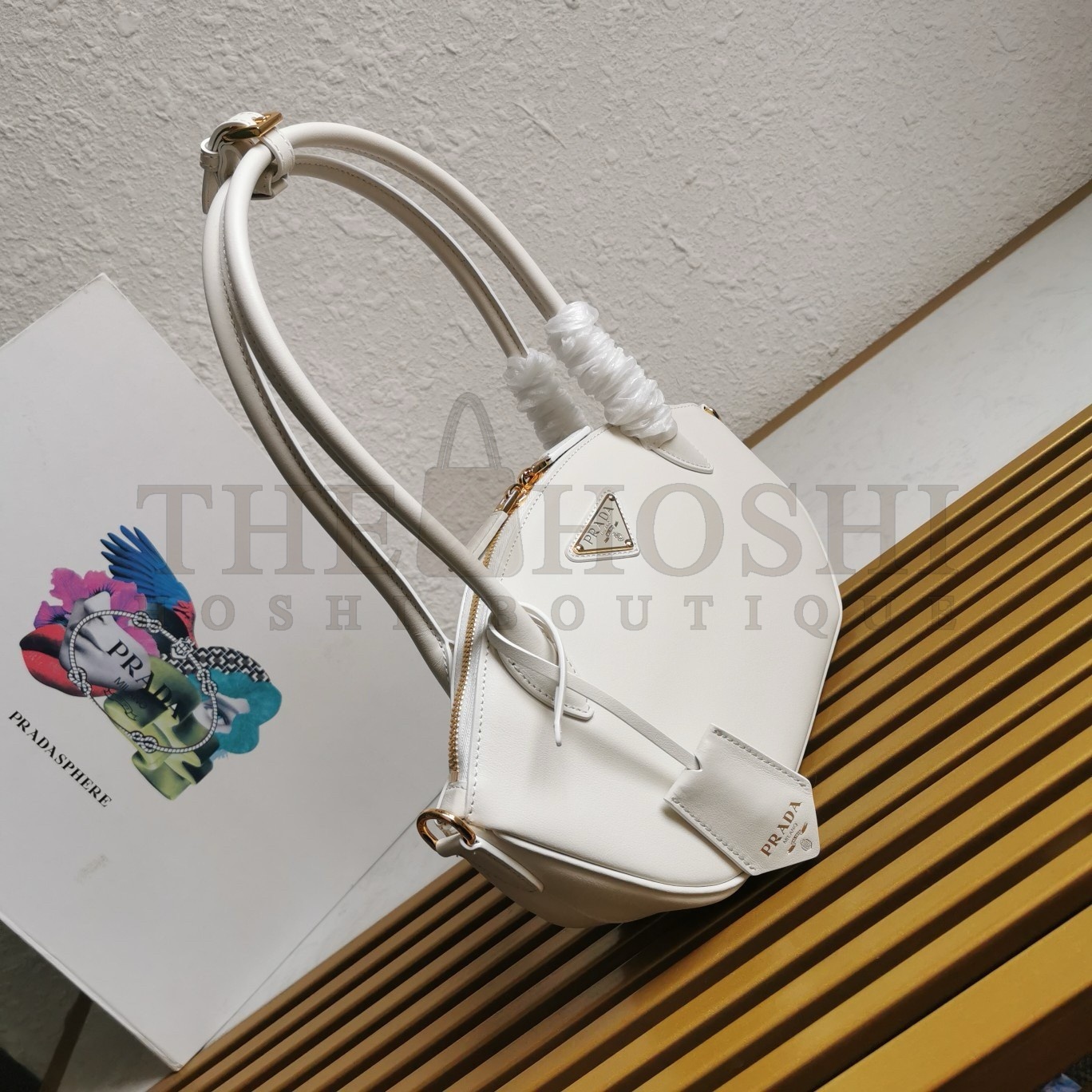 Pra*a Shoulder Bag with Double Zipper in White Calfskin Master Quality