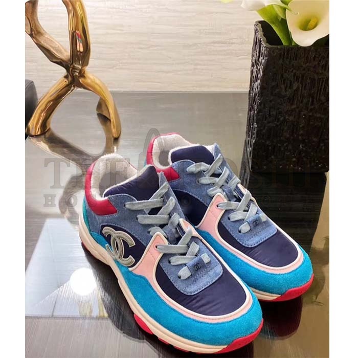 Ch**el Women CC Low Top Logo Sneakers Calfskin Suede Blue Leather Master Quality