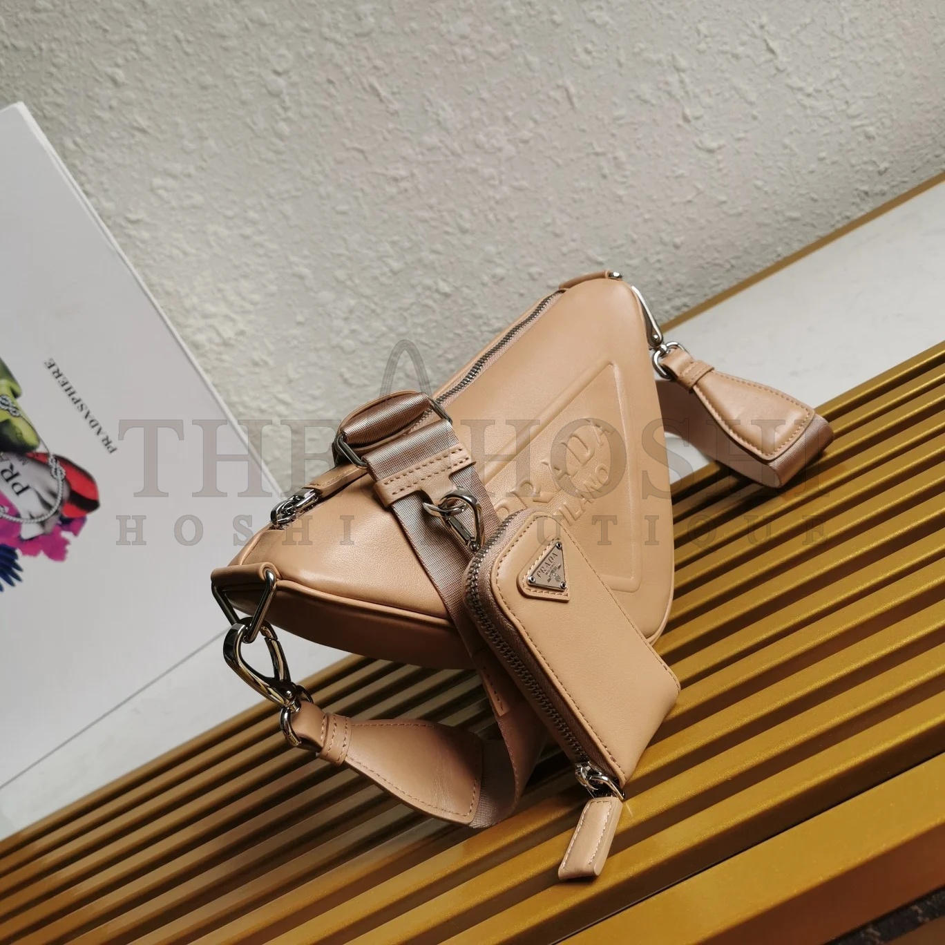 Pra*a Triangle Shoulder Bag In Beige Calfskin Master Quality
