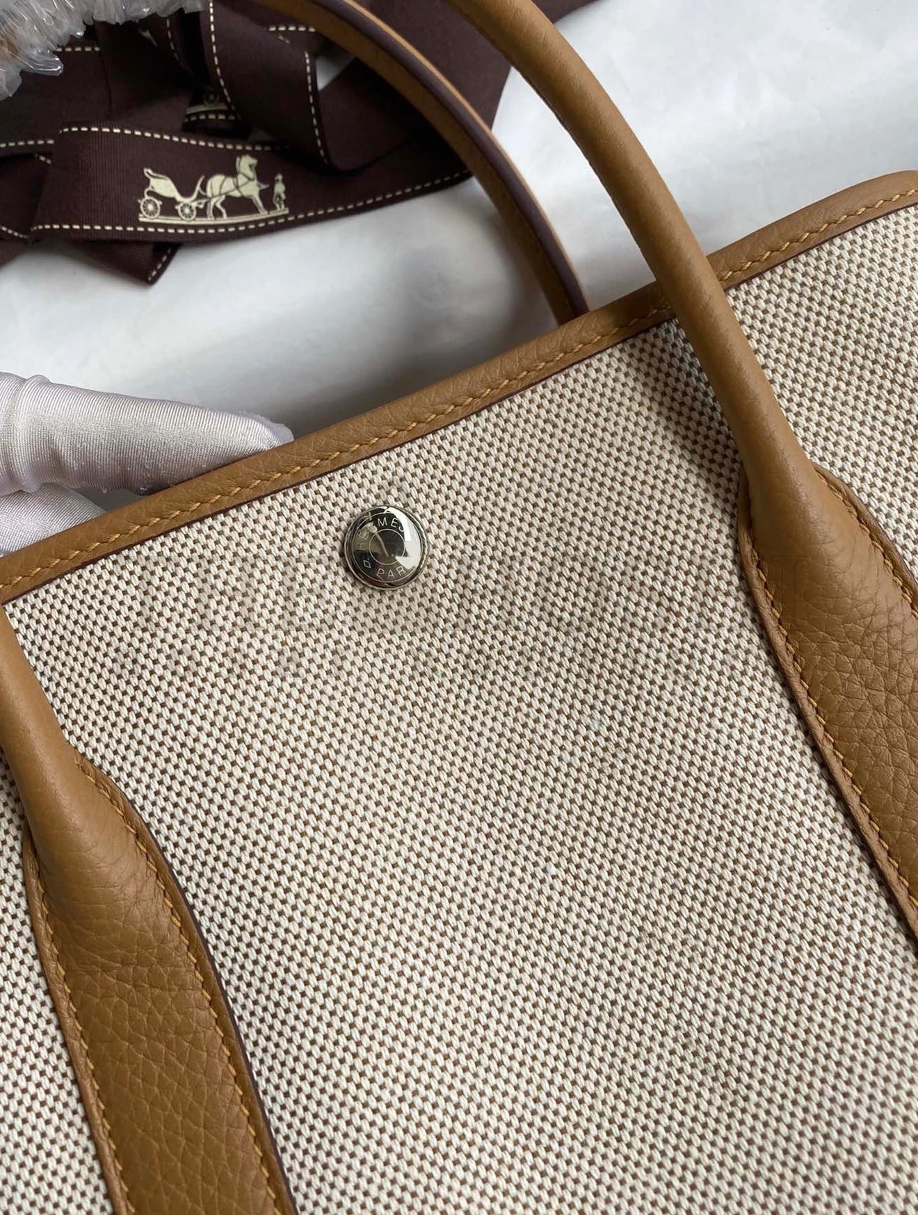 H**me5 Garden Party 30 Handmade Bag in Toile and Biscuit Leather Master Quality