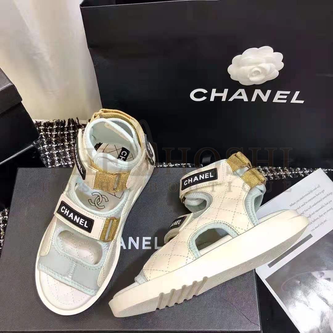 Ch**el Women Sandals Goatskin Fabric & TPU White Light Grey & Navy Blue Master Quality