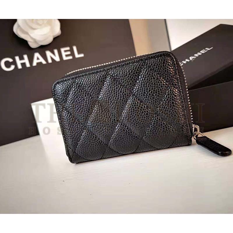Ch**el Women Classic Zipped Coin Purse in Grained Calfskin & Silver-Tone Metal-Black Master Quality
