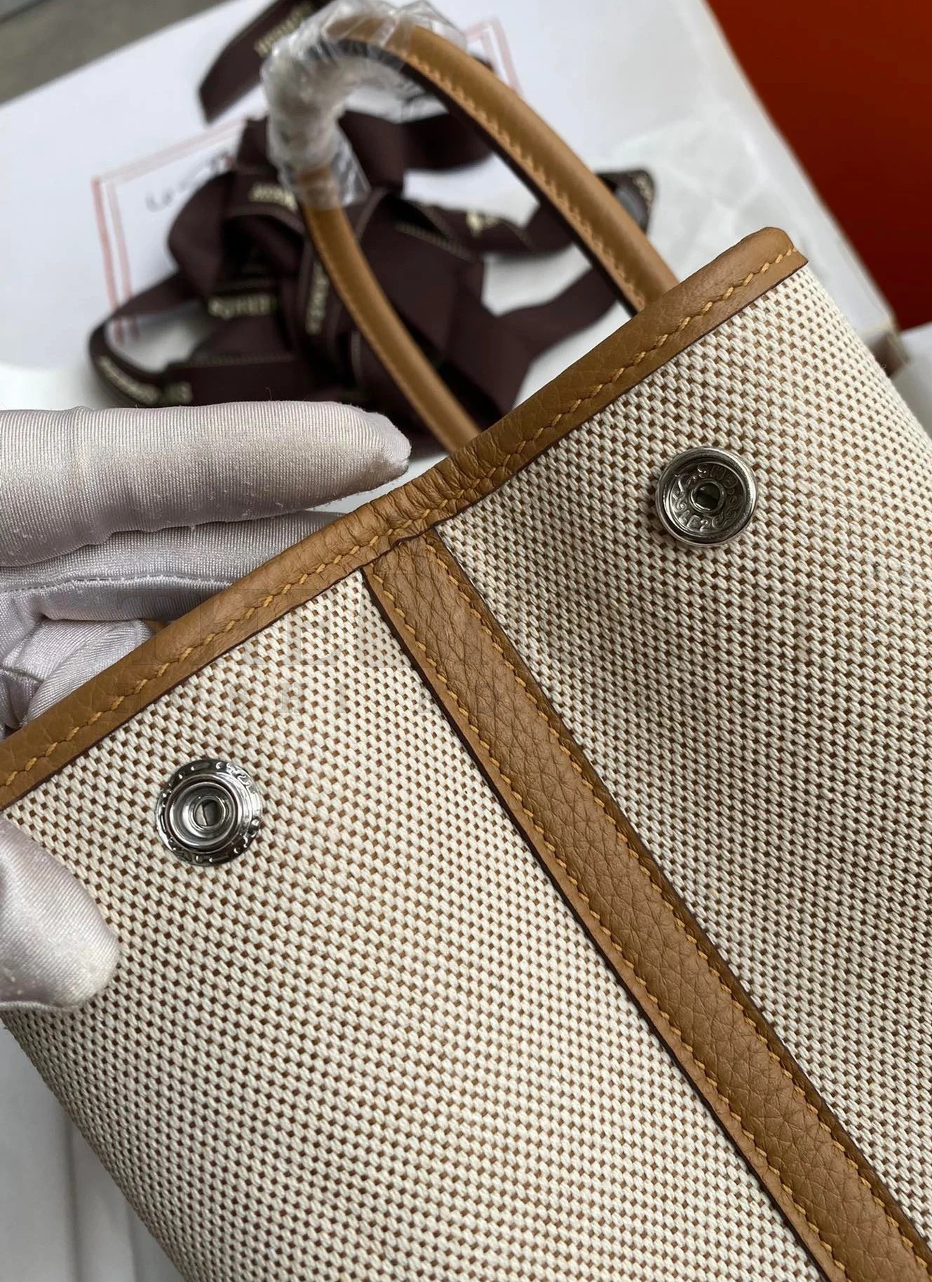 H**me5 Garden Party 30 Handmade Bag in Toile and Biscuit Leather Master Quality