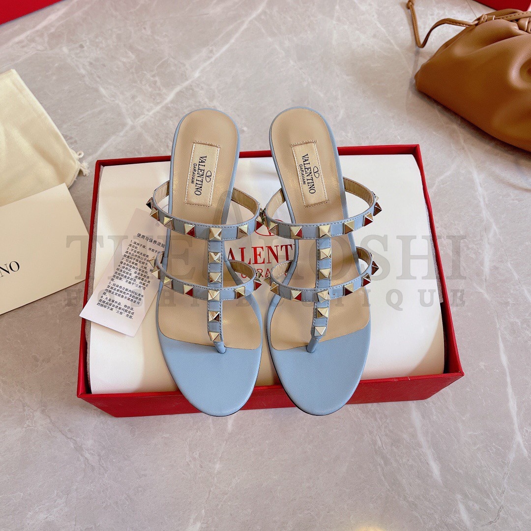 Va1e*ntin0 Rockstud Flip Flop Sandals 50mm In Blue Calfskin Master Quality