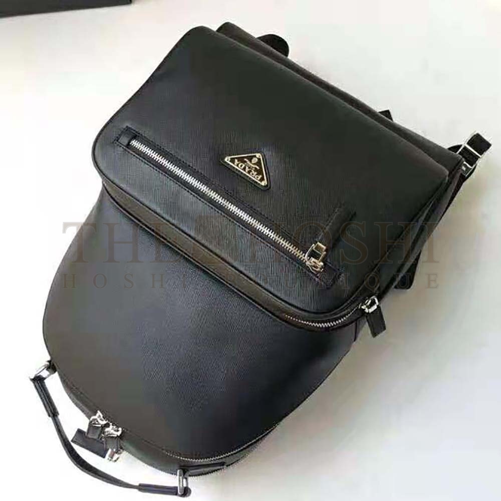 Pra*a Unisex Saffiano Leather Backpack Metal Hardware-Black Master Quality