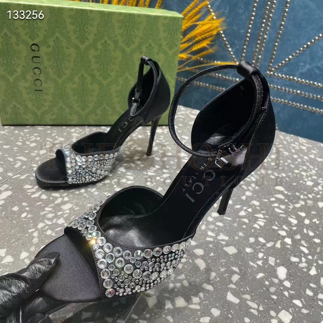 Gvc*1 Women G2 Mid-Heel Sandals Crystals Black Satin 11 CM Heel Double G Master Quality